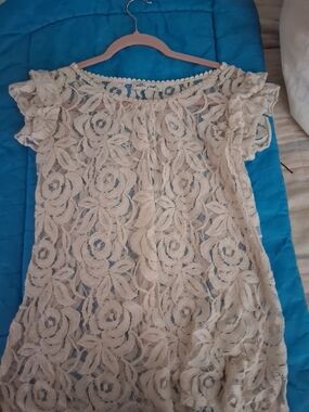 Ultra Pink Cream Lace Floral Short Sleeve Blouse vintage ruffles on sleeves